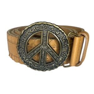 Vintage Y2K Lucky Brand Tan Leather Peace Sign Buckle Hippie Belt L